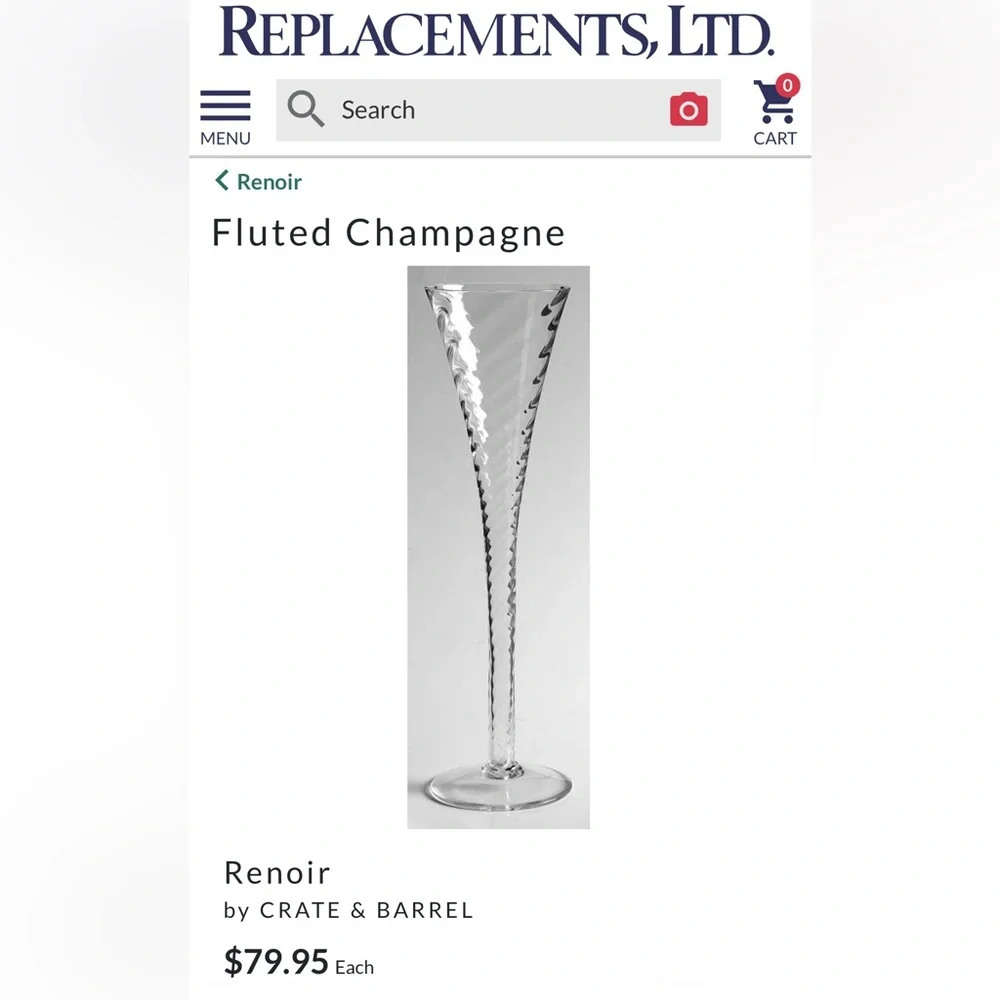 7 Crate & Barrel “Renoir” hollow stemmed champagne flutes. 6oz 10”H